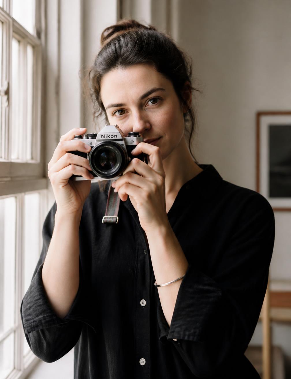 Aurelia Vale holding a film camera in natural light