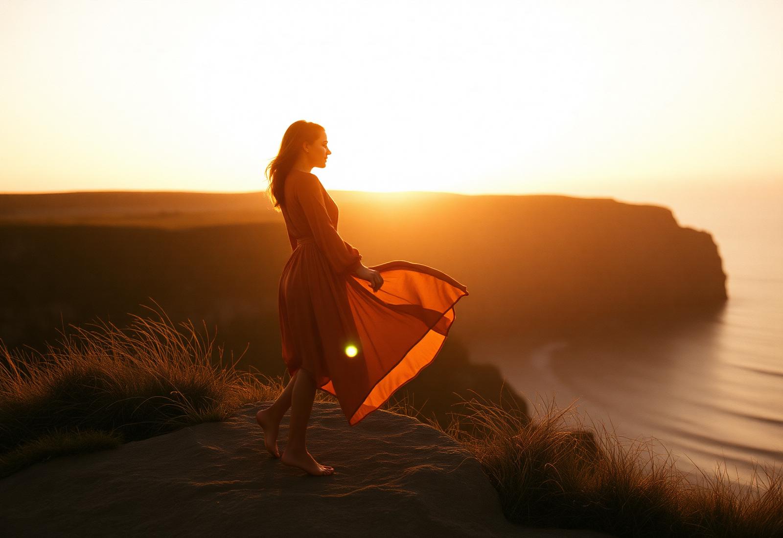 Photograph of a woman on a coastal cliff at golden hour